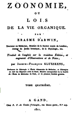 Zoonomie, ou lois de la vie organique d'Erasmus Darwin